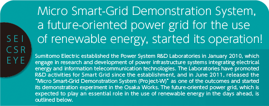 Micro Smart-Grid Demonstration System, a future-oriented power grid for the use of renewable energy, started its operation! Sumitomo Electric established the Power System R&D Laboratories in January 2010, which engage in research and development of power infrastructure systems integrating electrical energy and information telecommunication technologies. The Laboratories have promoted R&D activities for Smart Grid since the establishment, and in June 2011, released the “Micro Smart-Grid Demonstration System (Project-W)” as one of the outcomes and started its demonstration experiment in the Osaka Works. The future-oriented power grid, which is expected to play an essential role in the use of renewable energy in the days ahead, is outlined below.