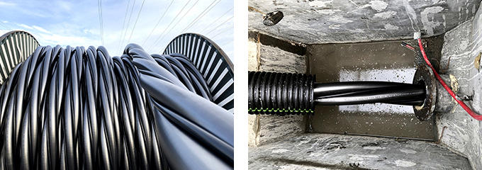 left：Sumitomo Electric's 115kV XLPE triplex cable on drum  right：installed in 8-inch steel pipe.