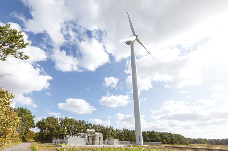 A completed wind turbine and an adjacent substation